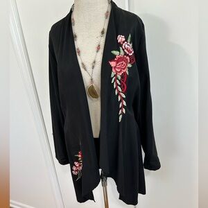 Mario Reno Boho Waterfall Asymmetrical Black W/ Embroidered Roses Duster Jacket